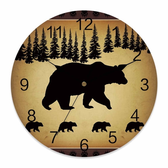 Wall Clock Bear Pine Tree Clocks PVC Silent Non-Ticking Battery Operated Decorative Vintage Farmhouse Animal Round Clock for Home Living Room Kitchen Bedroom Office School Wall Decor 10 Inch