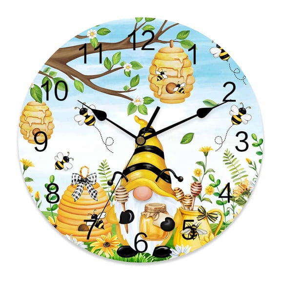 Wall Clock Bee Gnome Clocks PVC Silent Non-Ticking Battery Operated Decorative Sunflower Daisy Flower Honeycomb Round Clock for Home Living Room Kitchen Bedroom Office School Wall Decor 10 Inch