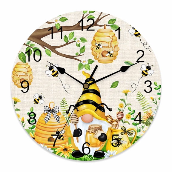 Wall Clock Bee Gnome Clocks PVC Silent Non-Ticking Battery Operated Decorative Sunflower Daisy Flower Linen Honeycomb Round Clock for Home Living Room Kitchen Bedroom Office Wall Decor 10 Inch