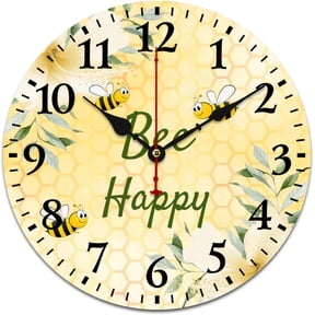 Wall Clock, Bee Happy Bumble Bees Yellow Honeycomb Wall Clocks Battery Operated Silent Non Ticking, Round Wooden Clocks Decorative for Bathroom, Kitchen, Living Room, Home, Bedrooms, Office (10 Inch)