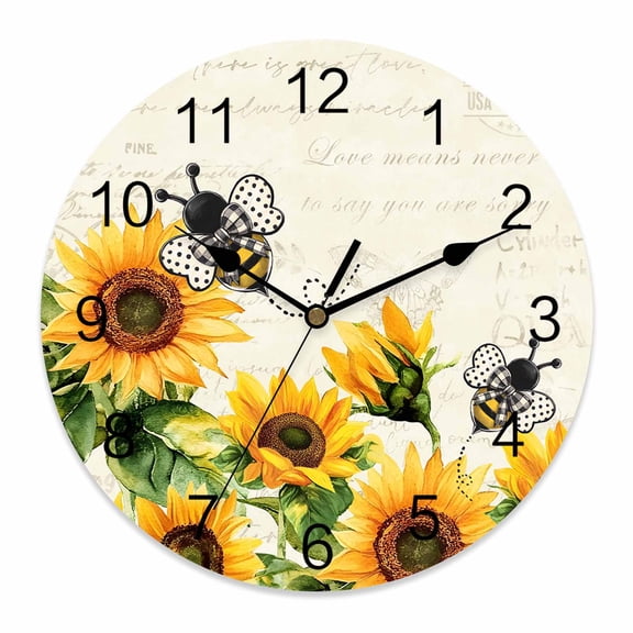 Wall Clock Bee Sunflower Clocks PVC Silent Non-Ticking Battery Operated Decorative Rustic Farm Flower Round Clock for Home Living Room Kitchen Bedroom Office School Wall Decor 10 Inch