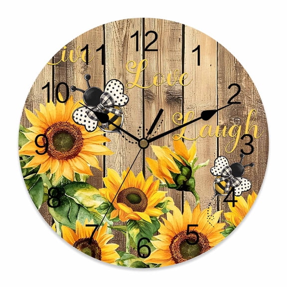 Wall Clock Bee Sunflower Clocks PVC Silent Non-Ticking Battery Operated Decorative Rustic Farm Wood Grain Round Clock for Home Living Room Kitchen Bedroom Office School Wall Decor 10 Inch