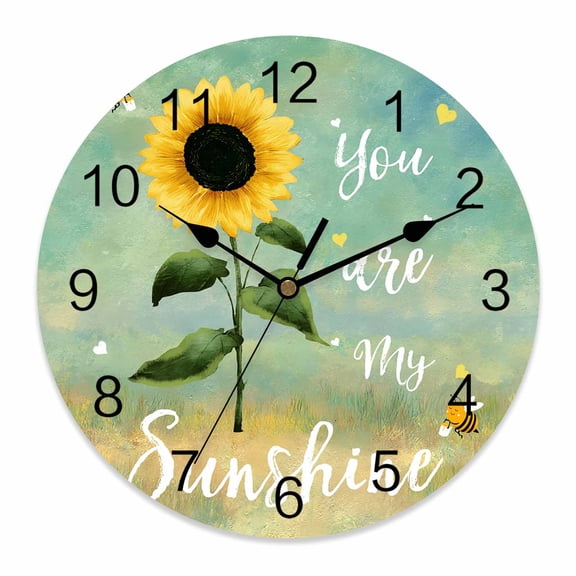 Wall Clock Bee Sunflowers Clocks PVC Silent Non-Ticking Battery Operated Decorative Green You Are My Sunshine Round Clock for Home Living Room Kitchen Bedroom Office School Wall Decor 10 Inch