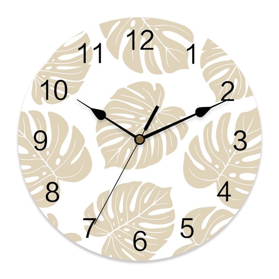 Wall Clock Beige Palm Leaves Clocks PVC Silent Non-Ticking Battery Operated Decorative Tropical Monstera Leaf Plant Round Clock for Home Living Room Kitchen Bedroom Office School Wall Decor 10 Inch
