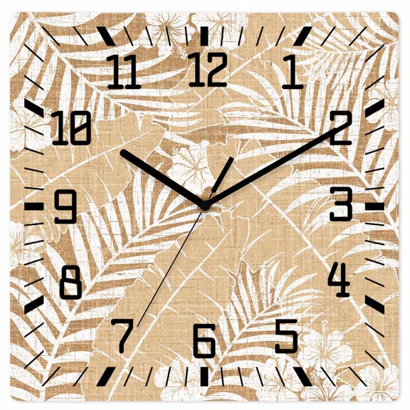 Wall Clock Beige Palm Leaves Operated Square Clocks Wooden Silent Non-Ticking Wallclock 12 Inch Jungle Floral Leaf Monstera Wood Wall Clock for Living Room Bedroom Office Shool Home Decor