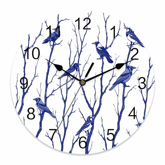 Wall Clock Bird Branches Clocks PVC Silent Non-Ticking Battery Operated Decorative Blue Leaves Tree Round Clock for Home Living Room Kitchen Bedroom Office School Wall Decor 10 Inch