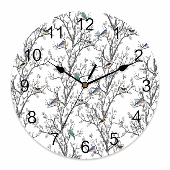 Wall Clock Bird Tree Branches Clocks PVC Silent Non-Ticking Battery Operated Decorative Retro Leaves Round Clock for Home Living Room Kitchen Bedroom Office School Wall Decor 10 Inch