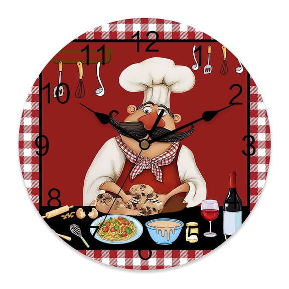 Wall Clock Bistro Cooking Chef Clocks PVC Silent Non-Ticking Battery Operated Decorative Funny Kitchen Wine Red Plaid Round Clock for Home Living Room Kitchen Bedroom Office Wall Decor 10 Inch