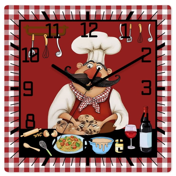 Wall Clock Bistro Cooking Chef Operated Square Clocks Wooden Silent Non-Ticking Wallclock 12 Inch Funny Kitchen Wine Red Plaid Wood Wall Clock for Living Room Bedroom Office Shool Home Decor