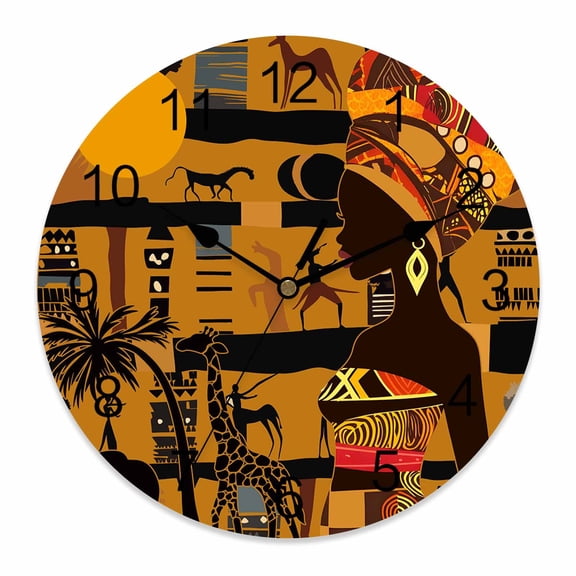Wall Clock Black African Women Clocks PVC Silent Non-Ticking Battery Operated Decorative Animal Giraffe Elephant Round Clock for Home Living Room Kitchen Bedroom Office School Wall Decor 10 Inch