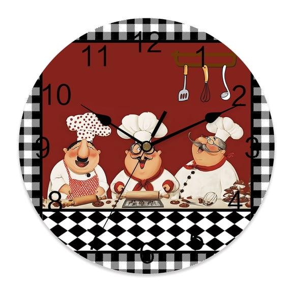 Wall Clock Black Cooking Chefs Clocks PVC Silent Non-Ticking Battery Operated Decorative Funny Cooker Checked Plaid Round Clock for Home Living Room Kitchen Bedroom Office School Wall Decor 10 Inch