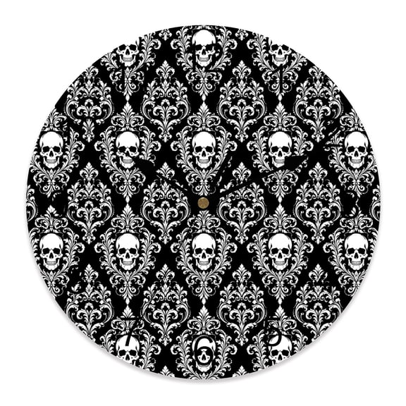 Wall Clock Black Damask Skull Clocks PVC Silent Non-Ticking Battery Operated Decorative Luxury Floral Skeleton Round Clock for Home Living Room Kitchen Bedroom Office School Wall Decor 10 Inch