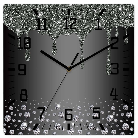 Wall Clock Black Diamond Operated Square Clocks Wooden Silent Non-Ticking Wallclock 12 Inch Luxury Bling Water Drop Wood Wall Clock for Living Room Bedroom Office Shool Home Decor