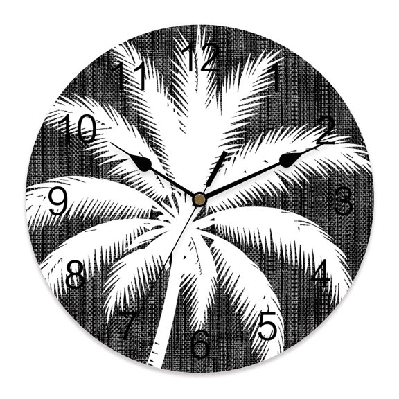 Wall Clock Black Linen Tropical Coconut Tree Clocks PVC Silent Non-Ticking Battery Operated Summer Palm Tree Round Clock for Home Living Room Kitchen Bedroom Office School Wall Decor 10 Inch