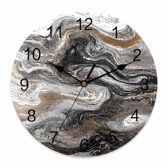 Wall Clock Black Marble Clocks PVC Silent Non-Ticking Battery Operated Decorative Abstract Fluid Art Round Clock for Home Living Room Kitchen Bedroom Office School Wall Decor 10 Inch