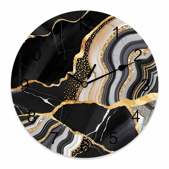 Wall Clock Black Marble Texture Clocks PVC Silent Non-Ticking Battery Operated Decorative Abstract Gold Fluid Round Clock for Home Living Room Kitchen Bedroom Office School Wall Decor 10 Inch