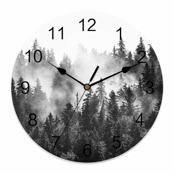 Wall Clock Black Misty Forest Clocks PVC Silent Non-Ticking Battery Operated Decorative Green Trees Mountain Landscape Round Clock for Home Living Room Kitchen Bedroom Office Wall Decor 10 Inch