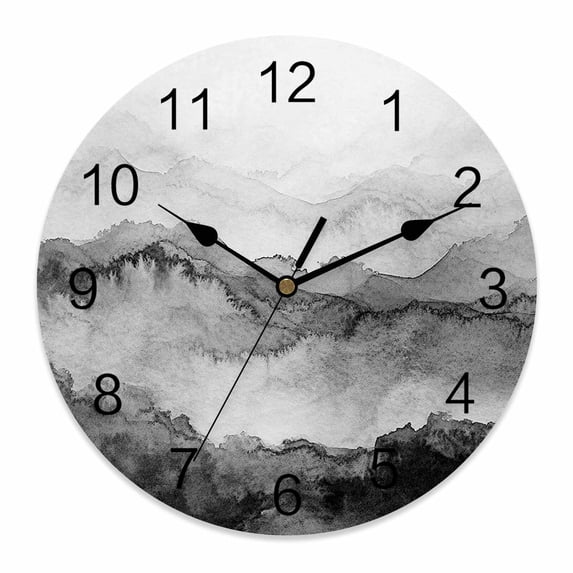 Wall Clock Black Mountain Clocks PVC Silent Non-Ticking Battery Operated Decorative Ombre Abstract Natural Round Clock for Home Living Room Kitchen Bedroom Office School Wall Decor 14 Inch