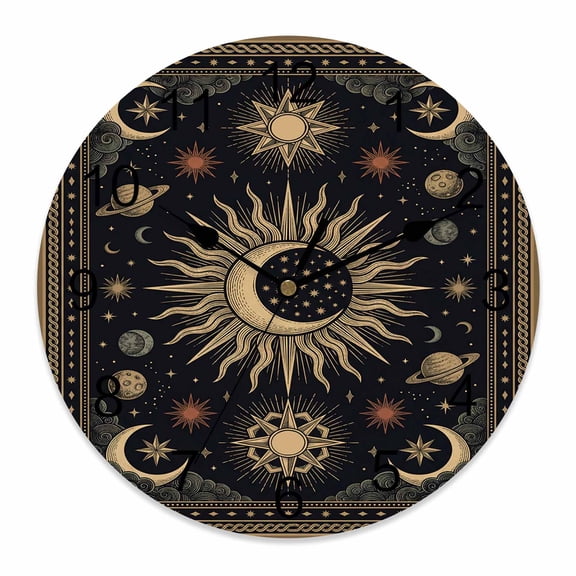 Wall Clock Black Mystical Star Moon Clocks PVC Silent Non-Ticking Battery Operated Celestial Galaxy Cosmic Round Clock for Home Living Room Kitchen Bedroom Office School Wall Decor 10 Inch