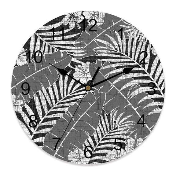 Wall Clock Black Palm Leaves Clocks PVC Silent Non-Ticking Battery Operated Decorative Jungle Floral Leaf Monstera Round Clock for Home Living Room Kitchen Bedroom Office School Wall Decor 10 Inch