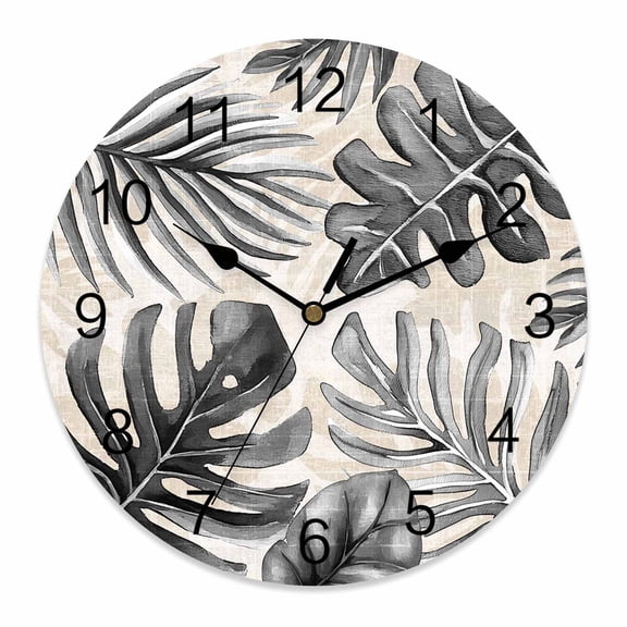 Wall Clock Black Palm Leaves Clocks PVC Silent Non-Ticking Battery Operated Decorative Tropical Shadow Leaf Plants Round Clock for Home Living Room Kitchen Bedroom Office School Wall Decor 10 Inch