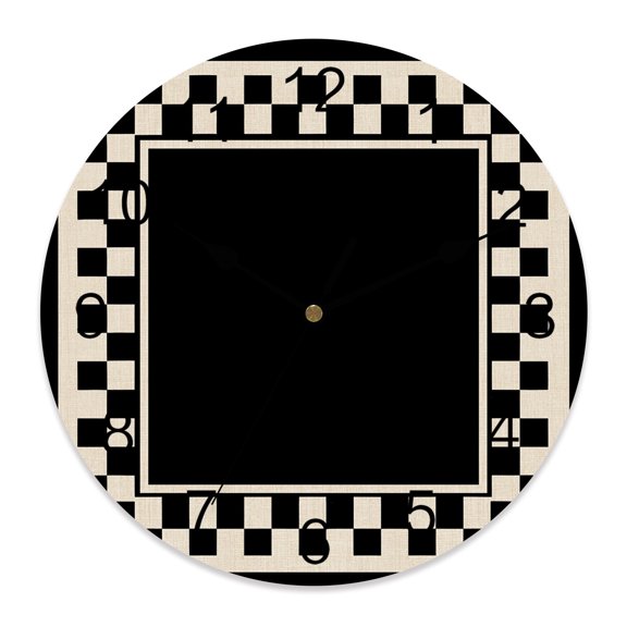 Wall Clock Black Squares Clocks PVC Silent Non-Ticking Battery Operated Decorative Beige Modern Block Checkered Border Round Clock for Home Living Room Kitchen Bedroom Office Wall Decor 10 Inch