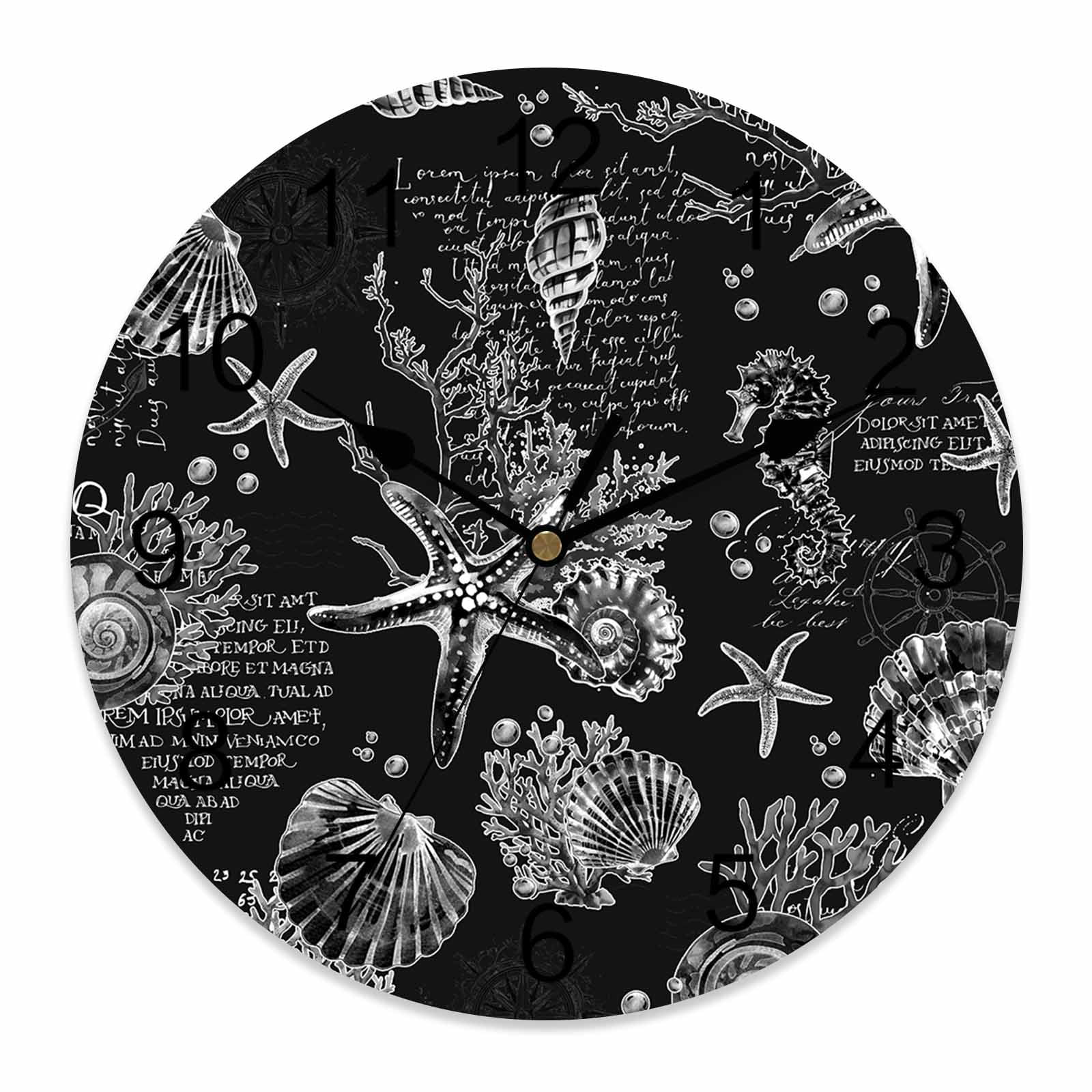 Wall Clock Black Starfish Conch Clocks PVC Silent Non-Ticking Battery ...