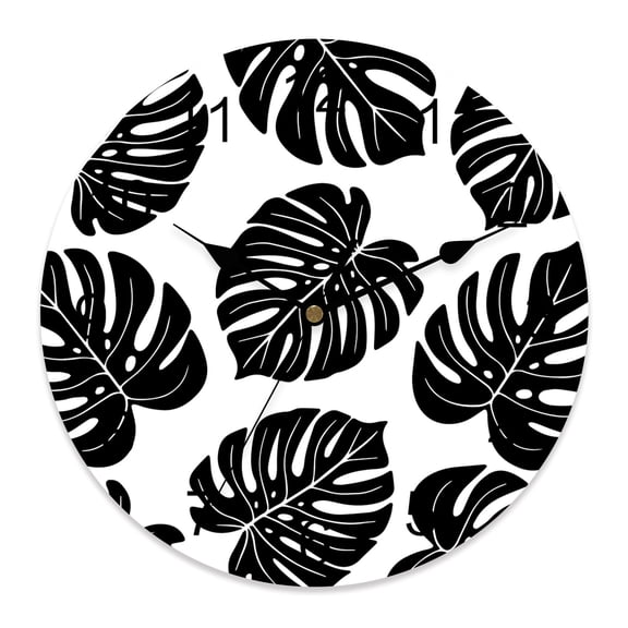 Wall Clock Black Tropical Monstera Leaves Clocks PVC Silent Non-Ticking Battery Operated Decorative Summer Palm Leaf Round Clock for Home Living Room Kitchen Bedroom Office School Wall Decor 10 Inch