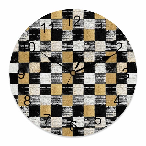 Wall Clock Blake Gold Squares Block Clocks PVC Silent Non-Ticking Battery Operated Decorative Geometric Checkerboard Round Clock for Home Living Room Kitchen Bedroom Office School Wall Decor 10 Inch