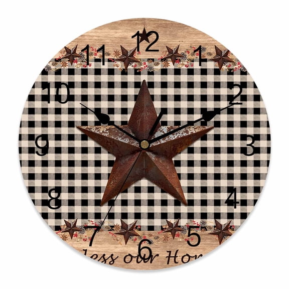 Wall Clock Bless Our Home Clocks PVC Silent Non-Ticking Battery Operated Decorative Texas Star Black Buffalo Plaid Round Clock for Home Living Room Kitchen Bedroom Office School Wall Decor 10 Inch