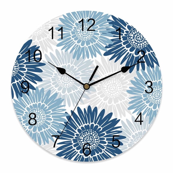 Wall Clock Bloom Sunflower Clocks PVC Silent Non-Ticking Battery Operated Decorative Blue Blooming Floral Round Clock for Home Living Room Kitchen Bedroom Office School Wall Decor 10 Inch