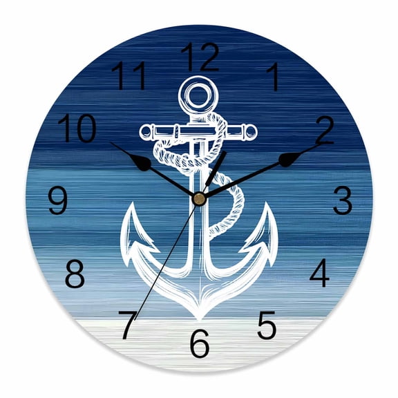 Wall Clock Blue Anchor Clocks PVC Silent Non-Ticking Battery Operated Decorative Nautical Coastal Round Clock for Home Living Room Kitchen Bedroom Office School Wall Decor 10 Inch