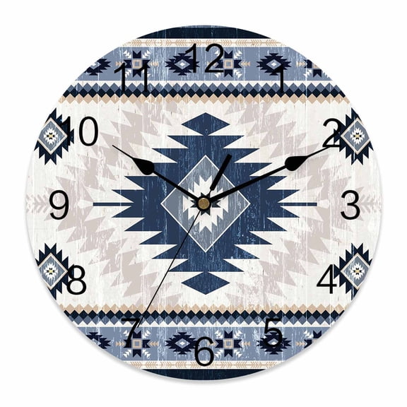 Wall Clock Blue Bohemian Clocks PVC Silent Non-Ticking Battery Operated Decorative Aztec Boho Tribal Round Clock for Home Living Room Kitchen Bedroom Office School Wall Decor 10 Inch