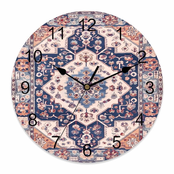 Wall Clock Blue Bohemian Clocks PVC Silent Non-Ticking Battery Operated Decorative Retro Flower Medieval Mural Round Clock for Home Living Room Kitchen Bedroom Office School Wall Decor 10 Inch