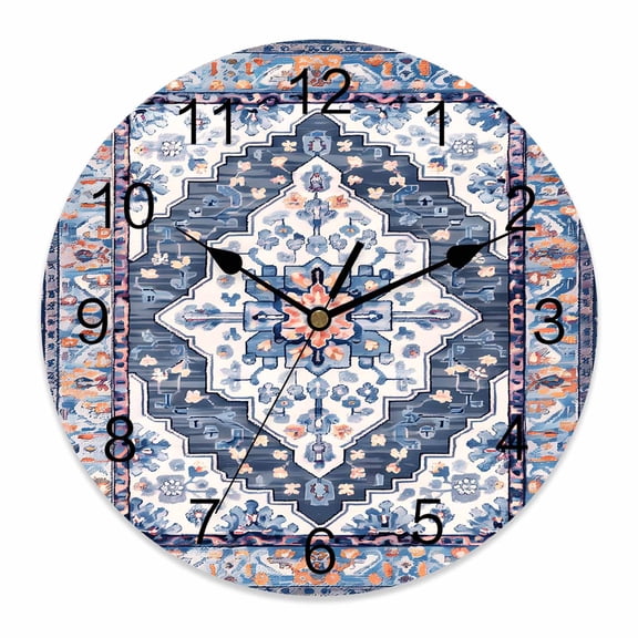 Wall Clock Blue Bohemian Clocks PVC Silent Non-Ticking Battery Operated Decorative Vintage Medieval Mural Round Clock for Home Living Room Kitchen Bedroom Office School Wall Decor 10 Inch