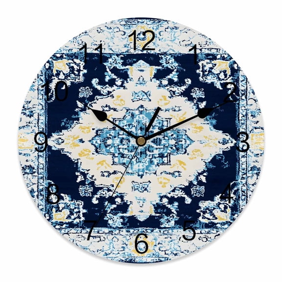 Wall Clock Blue Boho Clocks PVC Silent Non-Ticking Battery Operated Decorative Bohemian Tribal Texture Round Clock for Home Living Room Kitchen Bedroom Office School Wall Decor 10 Inch