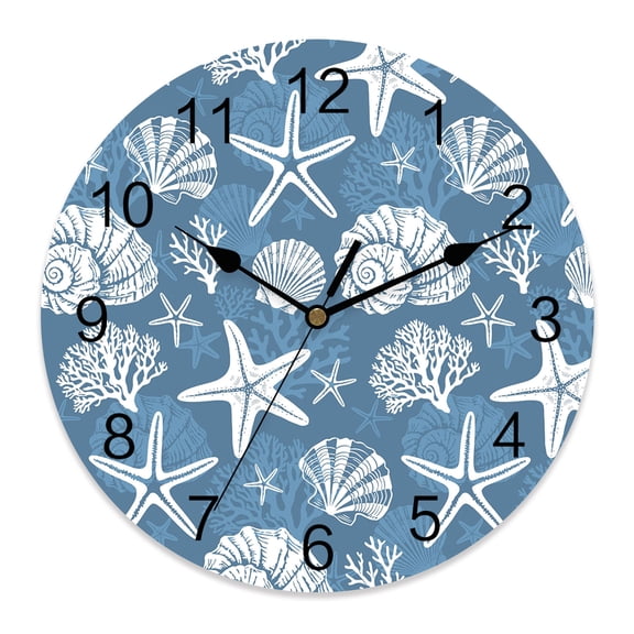Wall Clock Blue Coastal Marine Life Clocks PVC Silent Non-Ticking Battery Operated Decorative Starfish Shell Conch Round Clock for Home Living Room Kitchen Bedroom Office School Wall Decor 10 Inch