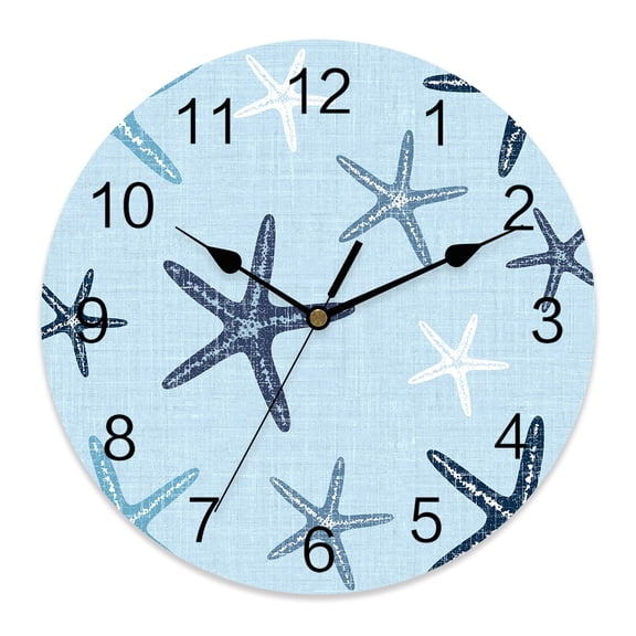 Wall Clock Blue Coastal Starfish Clocks PVC Silent Non-Ticking Battery Operated Summer Nautical Ocean Marine Life Round Clock for Home Living Room Kitchen Bedroom Office Wall Decor 12 Inch