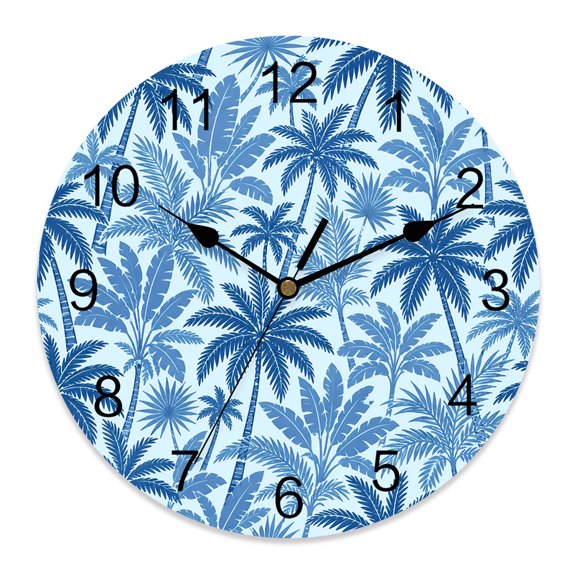 Wall Clock Blue Coconut Palm Trees Clocks PVC Silent Non-Ticking Battery Operated Decorative Coastal Tropical Jungle Round Clock for Home Living Room Kitchen Bedroom Office School Wall Decor 14 Inch