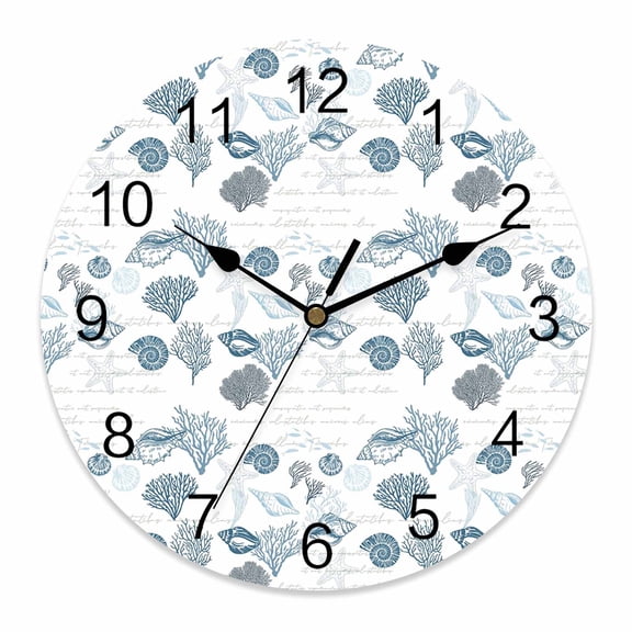 Wall Clock Blue Coral Shell Clocks PVC Silent Non-Ticking Battery Operated Decorative Starfish Nautical Marine Life Round Clock for Home Living Room Kitchen Bedroom Office School Wall Decor 10 Inch