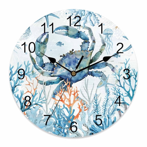 Wall Clock Blue Crab Clocks PVC Silent Non-Ticking Battery Operated Decorative Ocean Coral Starfish Round Clock for Home Living Room Kitchen Bedroom Office School Wall Decor 10 Inch