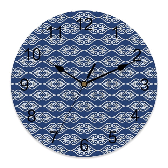Wall Clock Blue Damask Outlines Clocks PVC Silent Non-Ticking Battery Operated Decorative Floral Silhouettes Round Clock for Home Living Room Kitchen Bedroom Office School Wall Decor 12 Inch