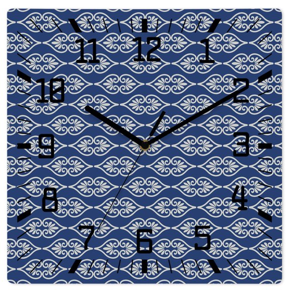 Wall Clock Blue Damask Outlines Operated Square Clocks Wooden Silent Non-Ticking Wallclock 12 Inch Floral Silhouettes Wood Wall Clock for Living Room Bedroom Office Shool Home Decor