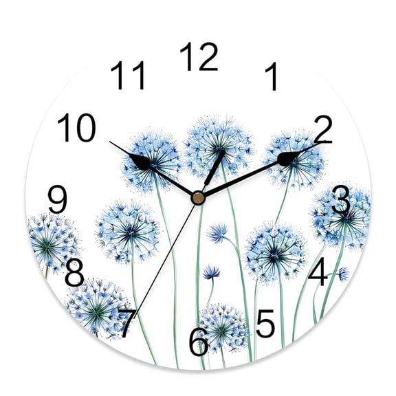 Wall Clock Blue Dandelion Clocks PVC Silent Non-Ticking Battery Operated Decorative Farmhouse Flower Plant Round Clock for Home Living Room Kitchen Bedroom Office School Wall Decor 10 Inch
