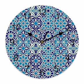 Wall Clock Blue Floral Block Clocks PVC Silent Non-Ticking Battery Operated Decorative Geometric Morocco Art Round Clock for Home Living Room Kitchen Bedroom Office School Wall Decor 10 Inch