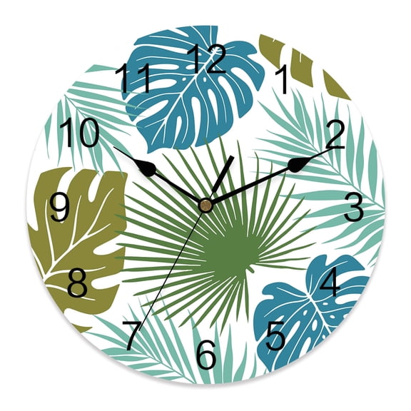 Wall Clock Blue Green Monstera Leaves Clocks PVC Silent Non-Ticking Battery Operated Decorative Tropical Leaf Exotic Plants Round Clock for Home Living Room Kitchen Bedroom Office Wall Decor 10 Inch