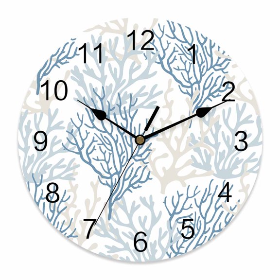 Wall Clock Blue Grey Ocean Coral Clocks PVC Silent Non-Ticking Battery Operated Decorative Summer Marine Life Round Clock for Home Living Room Kitchen Bedroom Office School Wall Decor 10 Inch