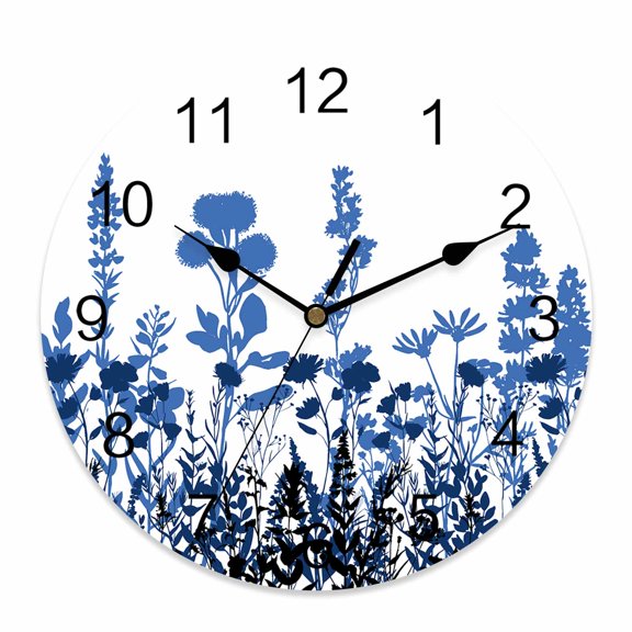 Wall Clock Blue Herb Clocks PVC Silent Non-Ticking Battery Operated Decorative Floral Leaves Plant Round Clock for Home Living Room Kitchen Bedroom Office School Wall Decor 10 Inch