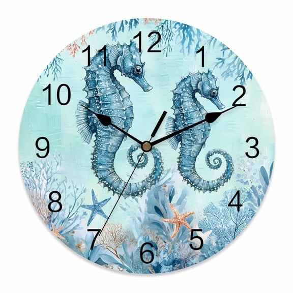 Wall Clock Blue Hippocampus Clocks PVC Silent Non-Ticking Battery Operated Decorative Ocean Starfish Coral Shell Round Clock for Home Living Room Kitchen Bedroom Office School Wall Decor 10 Inch