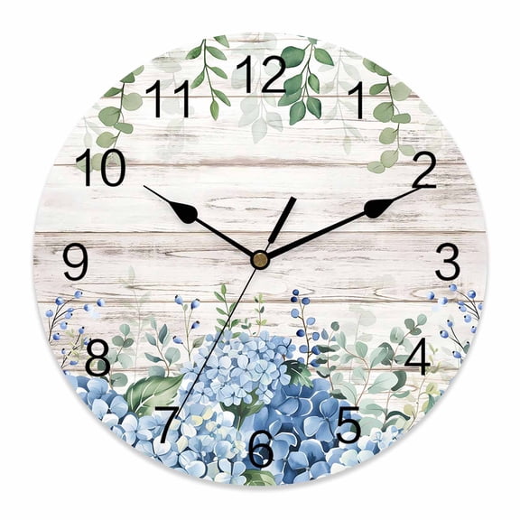Wall Clock Blue Hydrangea Clocks PVC Silent Non-Ticking Battery Operated Decorative Green Eucalyptus Leaves Wood Grain Round Clock for Home Living Room Kitchen Bedroom Office Wall Decor 14 Inch